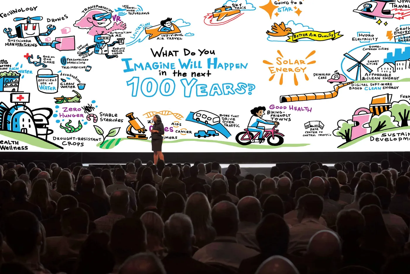 An ImageThink artist on a conference stage beside a wall-sized drawing titled What do you imagine will happen in the next 100 years, with a full audience in front.