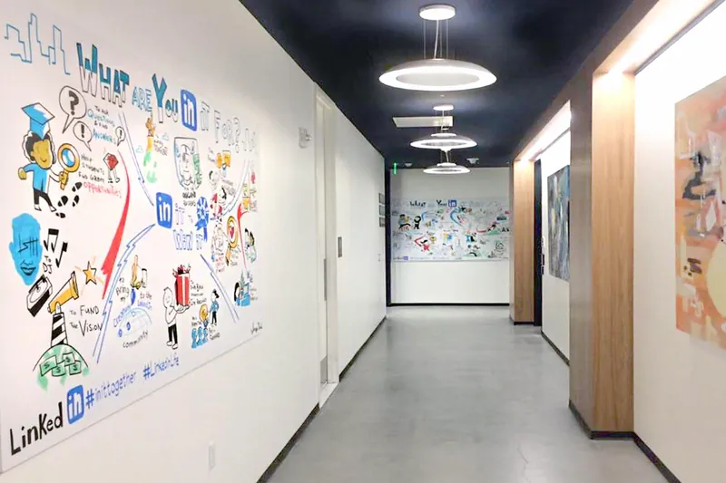 Finished ImageThink boards hanging in a LinkedIn office hallway.