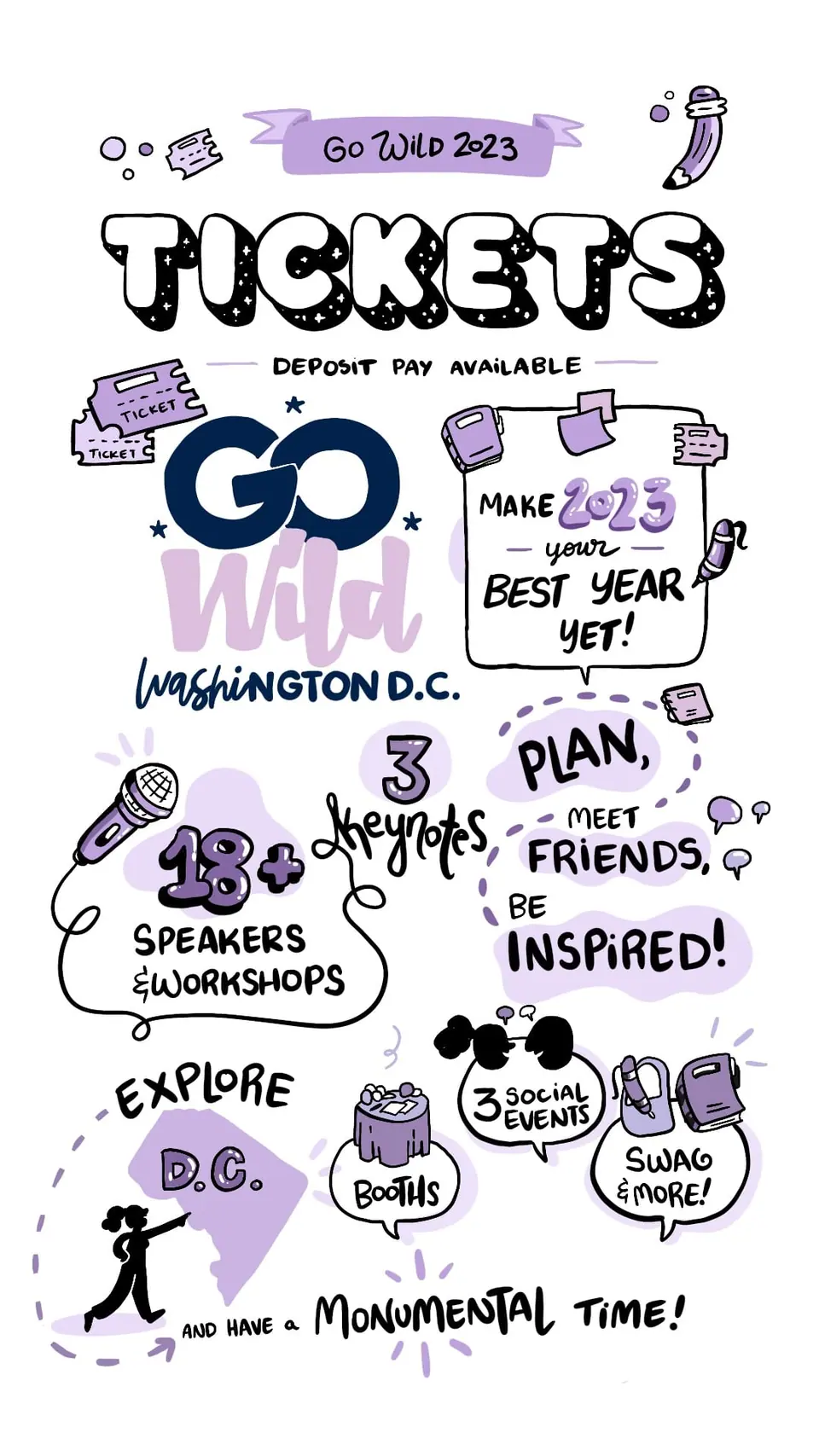 A fully illustrated visual bio created for client Wild For Planners. The bio focuses on tickets for their annual conference.