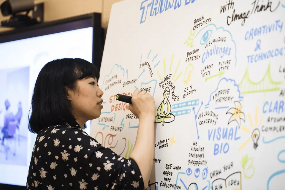 Team member presenting live scribing visuals summarizing key ideas from a sales kickoff session.