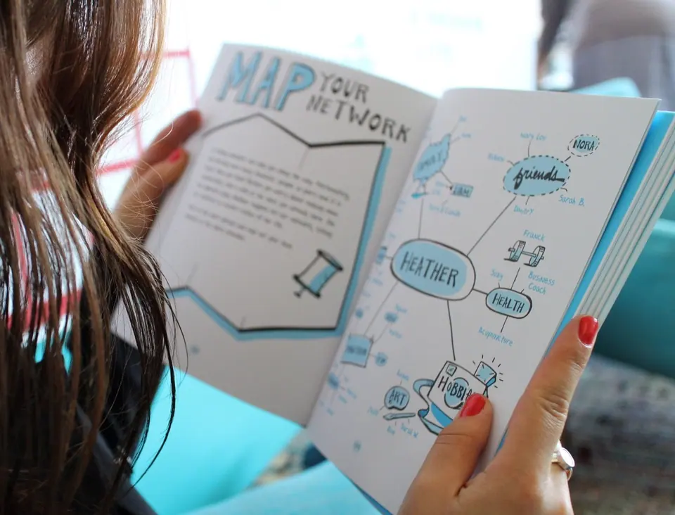 A person reading a booklet on mapping networks with visual frameworks.