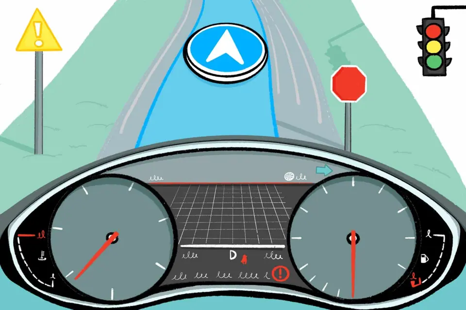 The visual iconography with see in signs and in elements within our vehicles help us navigate situations on streets and highways.
