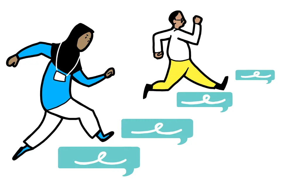 An illustration of individuals climbing steppingstones to success.