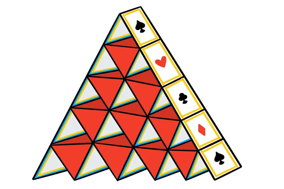 A house of cards showcasing the visual iconography found in the iconic four suits in a deck of cards.