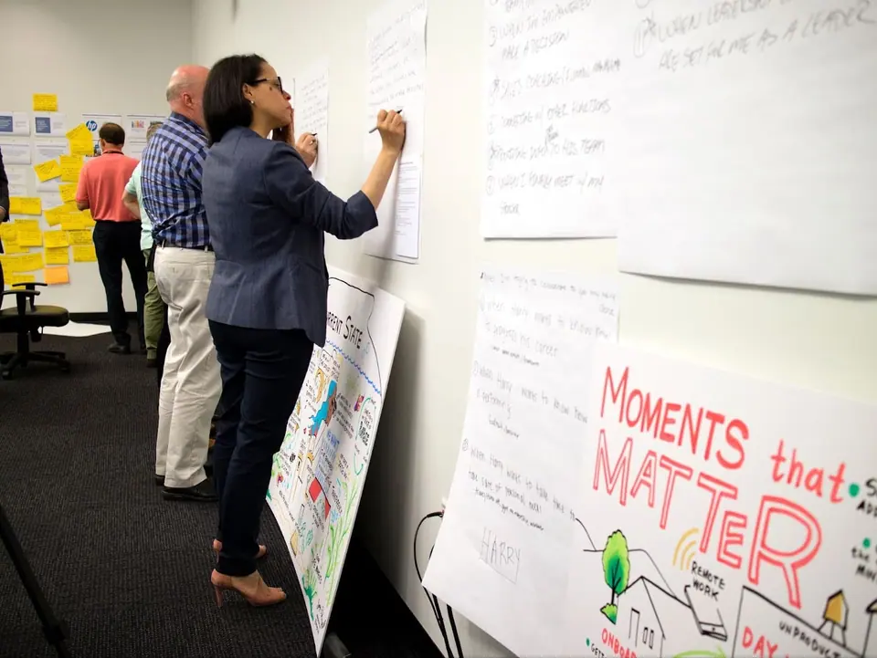 Business professionals working on relationship mapping in a group setting.