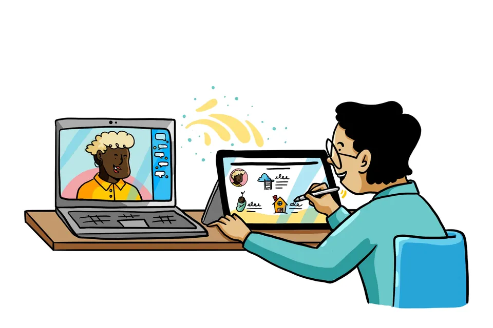 Drawing of an artist drawing on a tablet during a video call