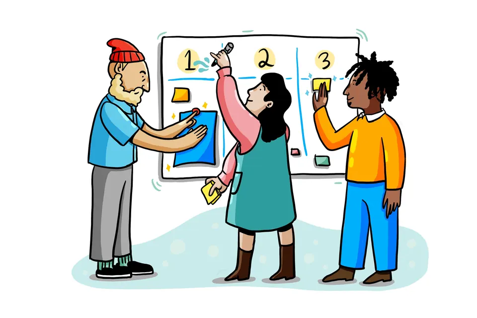 Drawing of a team whiteboarding session