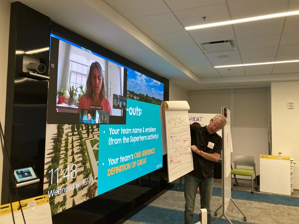 An ImageThink facilitator showing visual notes to a remote attendee on screen at a hybrid meeting
