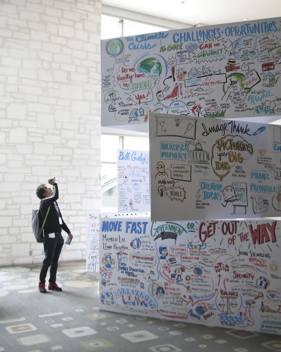 Graphic recording towers on display at an event