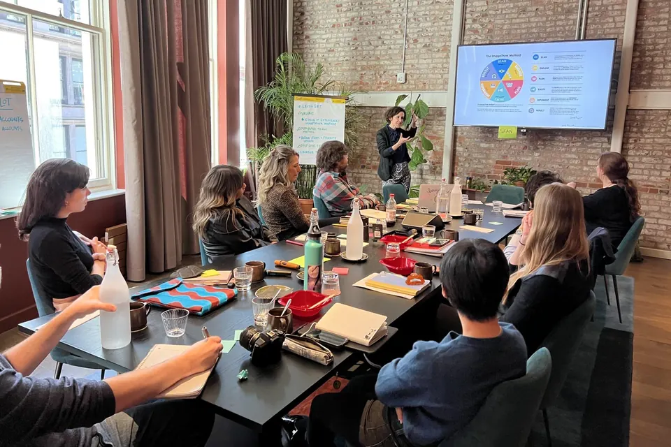 A team around a conference table looking at the ImageThink Method on a screen